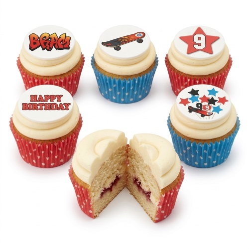 Skateboard themed birthday cupcakes with custom age toppers and 'Happy Birthday' message.
