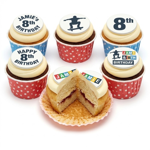 Skateboarding themed birthday cupcakes with white frosting, custom age, and skater silhouette toppers.