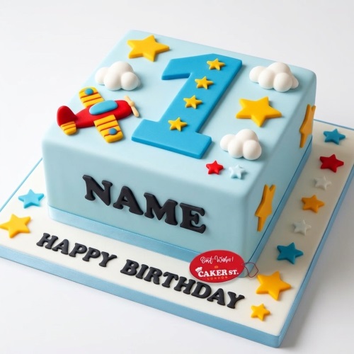 Blue square 1st birthday cake with red airplane, white clouds, yellow stars, and custom name.