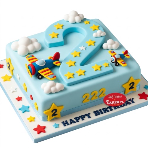 Light blue rectangular airplane theme birthday cake with biplanes, white clouds, yellow stars, and a large blue custom age number topper.