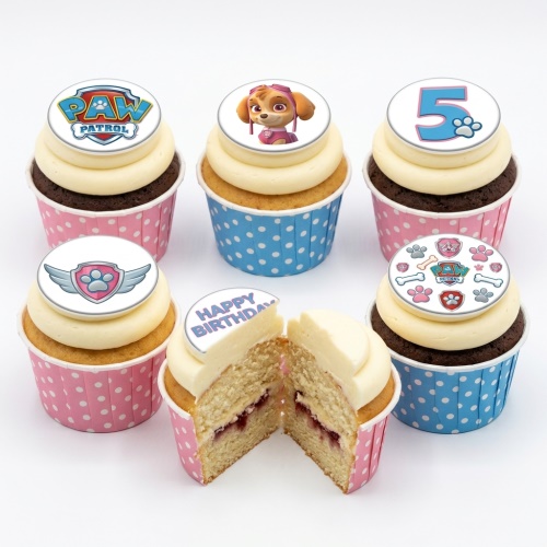 A set of Paw Patrol themed cupcakes with Skye, Paw Patrol logo, paw prints, and a custom age topper.