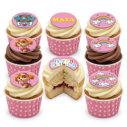 Paw Patrol Skye and rainbow themed cupcakes with pink wrappers and custom message toppers.