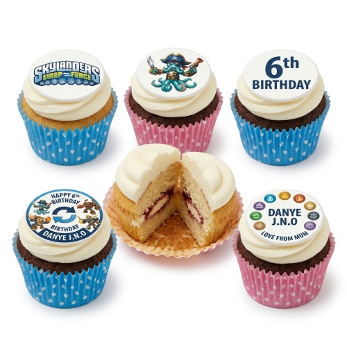 Skylanders themed cupcakes with white frosting, blue and pink cases, and custom age and name toppers.