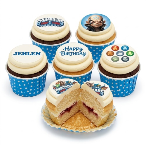 Skylanders themed birthday cupcakes with character and logo toppers, in blue polka dot wrappers.