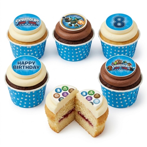 Skylanders themed cupcakes with blue polka dot wrappers, some with character toppers, Skylanders logo, number 8, and 'Happy Birthday' message.