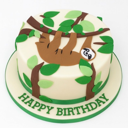 Round cream birthday cake with an edible brown sloth hanging from a tree branch with green leaves and 'Happy Birthday' text.
