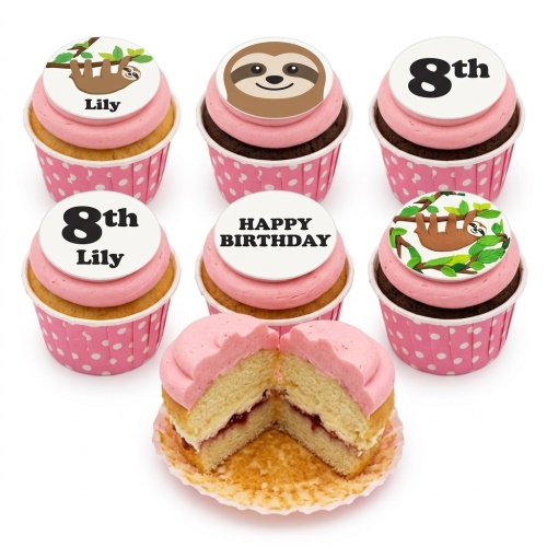 Pink frosted cupcakes with sloth toppers, some showing a sloth face, a hanging sloth, and custom age and name.