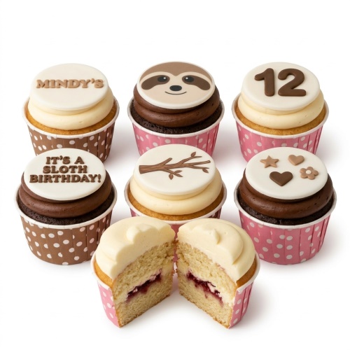 A set of sloth theme birthday cupcakes with various toppers including a sloth face, tree branch, hearts, stars, and customisable age and name examples.
