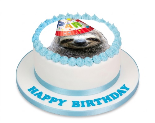 Round white birthday cake with a sloth wearing a party hat, blue ribbon, and blue piped icing.