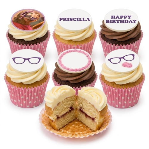 Sloth birthday cupcakes with character topper, purple glasses, and personalised message.