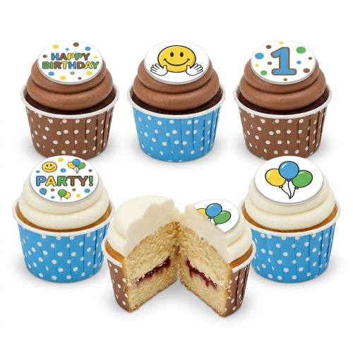 Cupcakes with smiley face, balloons, "Happy Birthday" and "Party!" toppers in polka dot wrappers.