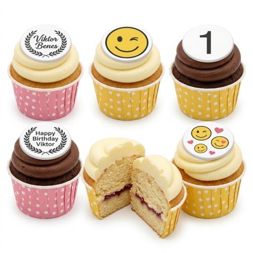 Assortment of cupcakes with cream and chocolate frosting, topped with custom name, age, and emoji edible discs in polka dot cases.