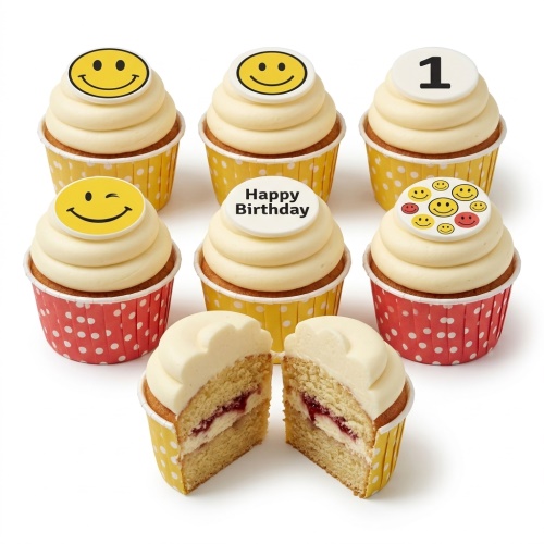 Set of smiley face birthday cupcakes with yellow and red cases, featuring custom age and 'Happy Birthday' toppers.