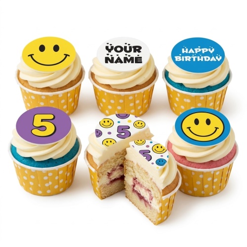 Six smiley face birthday cupcakes with custom age and name toppers, yellow polka dot wrappers.