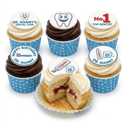 Assortment of dentist-themed cupcakes with white and chocolate frosting, blue polka dot wrappers, and edible dental decorations.