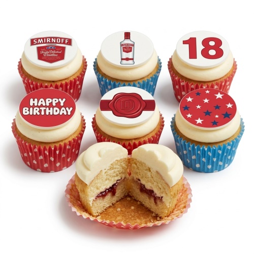 Smirnoff themed cupcakes with white frosting, red and blue cases, and custom age and birthday toppers.