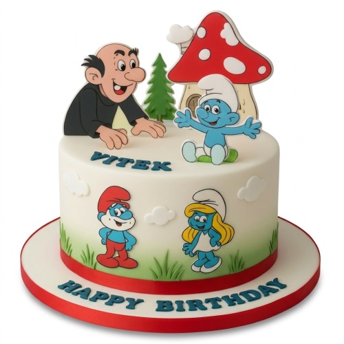 Round white Smurfs birthday cake with characters, mushroom house, and green grass.