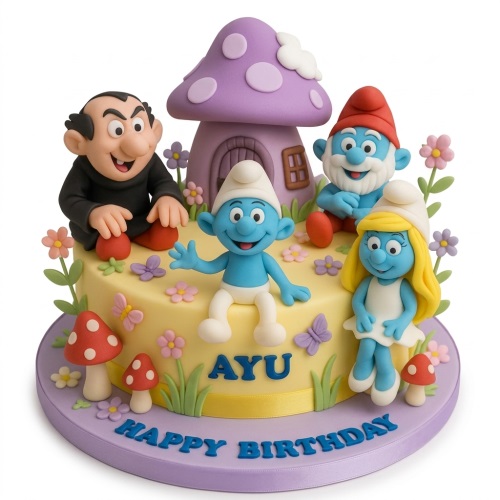 Round yellow Smurfs themed birthday cake with Gargamel, Papa Smurf, Smurfette, and a Smurf figure, mushroom house, flowers, and toadstools.
