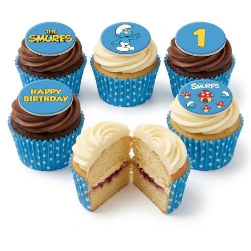 Smurfs themed birthday cupcakes with blue polka dot cases, chocolate and vanilla icing, and edible Smurf character toppers.