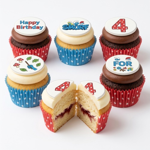 Smurfs themed birthday cupcakes with chocolate and vanilla frosting, polka dot wrappers, and custom age topper.