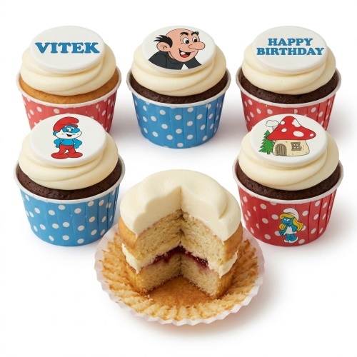 A selection of Smurfs themed cupcakes with white frosting, red and blue polka dot cases, and edible toppers featuring Smurf characters and a mushroom house.