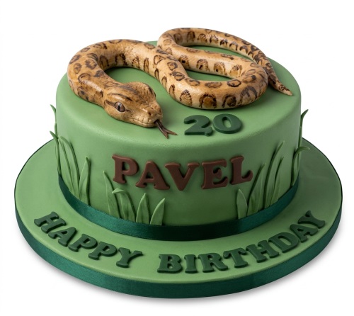 Round green birthday cake with a realistic 3D snake topper, grass details, and custom age