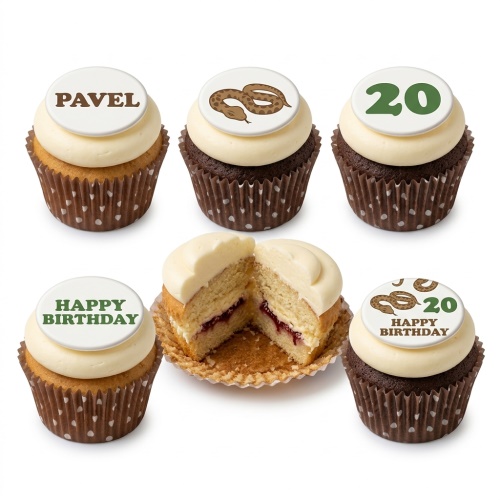 Vanilla and chocolate cupcakes with cream frosting and edible toppers featuring a brown snake, a custom age number, a personalised name, and a 'Happy Birthday' message.