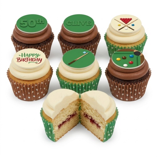 A selection of snooker theme birthday cupcakes with edible toppers featuring cues, balls, and a custom age topper.