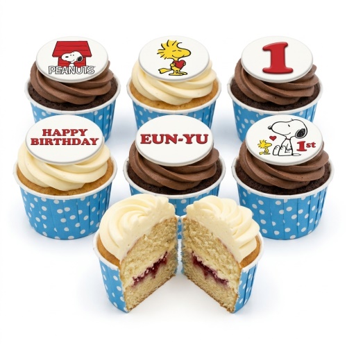 Snoopy and Woodstock themed birthday cupcakes with custom age topper and personalised name examples.
