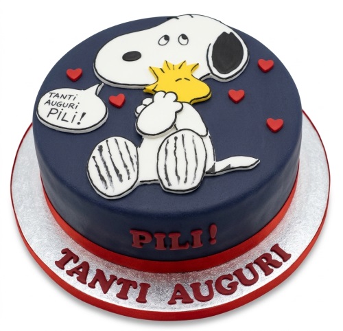 Round blue Snoopy and Woodstock birthday cake with red hearts and custom message.