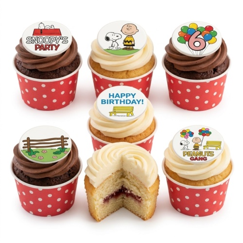 Snoopy and Peanuts themed birthday cupcakes with custom age topper and various character designs