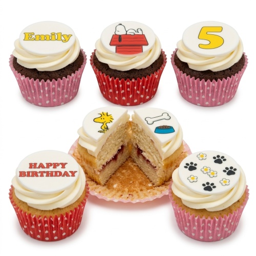 Snoopy and Woodstock themed birthday cupcakes with custom age topper and personalised name.