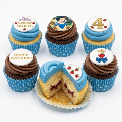 A set of Disney Princess Snow White themed birthday cupcakes with blue and chocolate frosting, featuring character and custom age toppers.