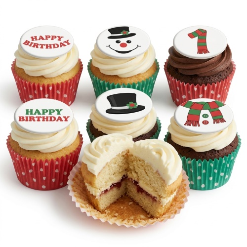 Cupcakes with white and chocolate frosting, decorated with edible toppers featuring a snowman face, black top hat, red and green striped scarf, and "Happy Birthday" messages.
