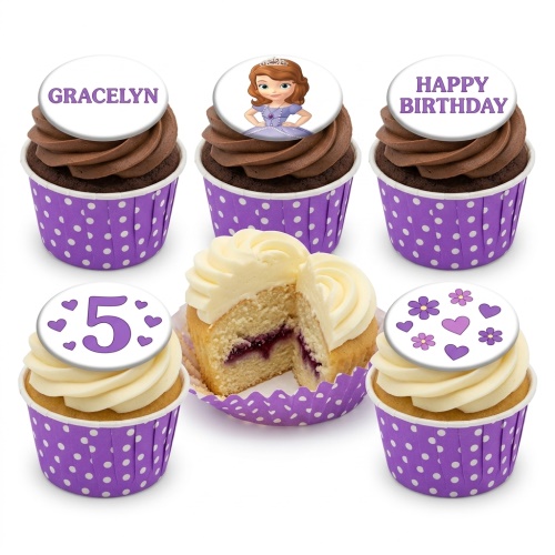 Princess Sofia the First cupcakes with custom name, age, and birthday toppers on purple polka dot wrappers.