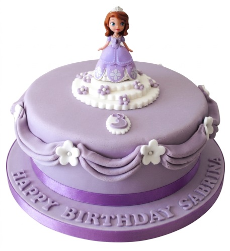 Purple Disney Princess birthday cake with figurine, custom age topper, and personalised message.