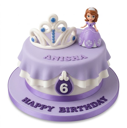 Two-tier lavender and white princess birthday cake with a Sofia the First doll, a white tiara, and a custom age plaque.