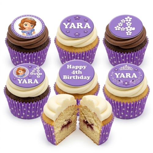 Sofia the First birthday cupcakes with purple wrappers, character toppers, and custom age/name designs.
