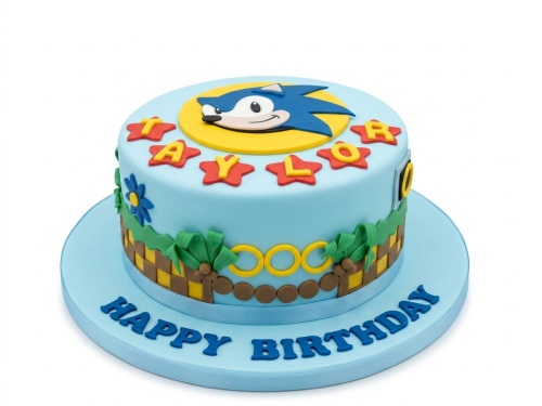 Round blue Sonic Hedgehog birthday cake with game scene decorations and custom name