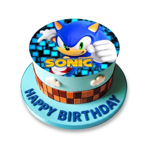Round two-tier Sonic Hedgehog birthday cake with checkerboard base and 'Happy Birthday' message.