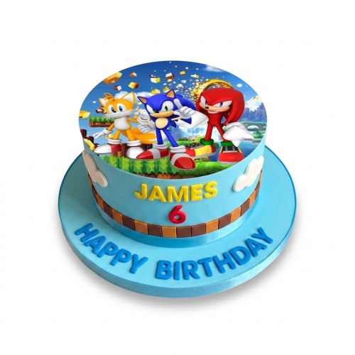 Round blue two-tier cake with Sonic, Tails, and Knuckles edible image topper and custom age.