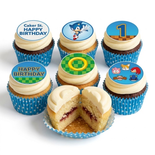 Sonic the Hedgehog cupcakes with character toppers, game rings, and custom age/birthday messages.
