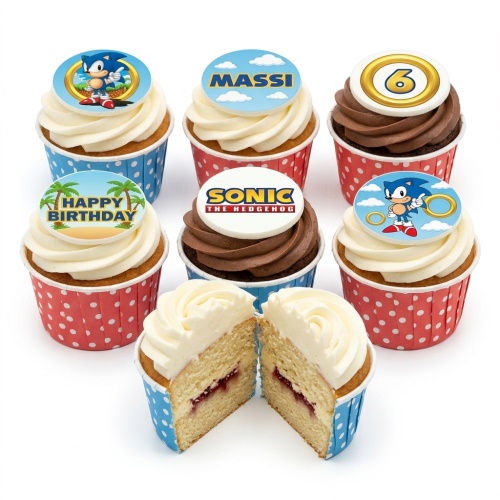 Sonic the Hedgehog cupcakes with vanilla and chocolate frosting, featuring Sonic character and logo toppers, custom age, and personalised name.