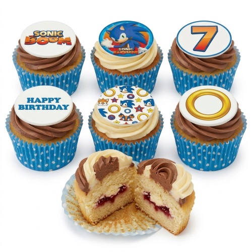 Sonic the Hedgehog themed cupcakes with various edible toppers, including Sonic, "Sonic Boom" logo, gold ring, "Happy Birthday" message, and a custom age topper.