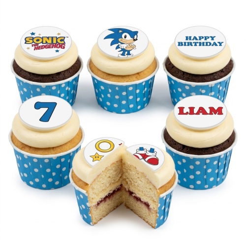 Sonic the Hedgehog themed cupcakes with character, logo, custom age, and personalised name toppers on vanilla and chocolate sponges.