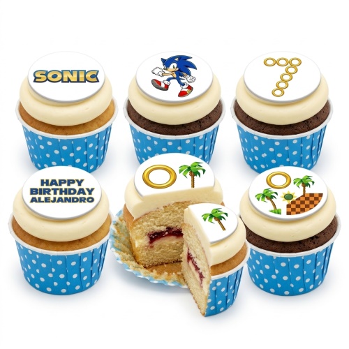Sonic The Hedgehog themed cupcakes with character, logo, rings, and palm tree toppers, in blue polka dot cases.