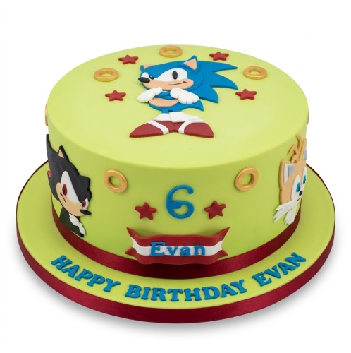 Round lime green Sonic the Hedgehog birthday cake with Sonic, Shadow, Tails figures, gold rings, red stars, custom age number, and personalised name banner.