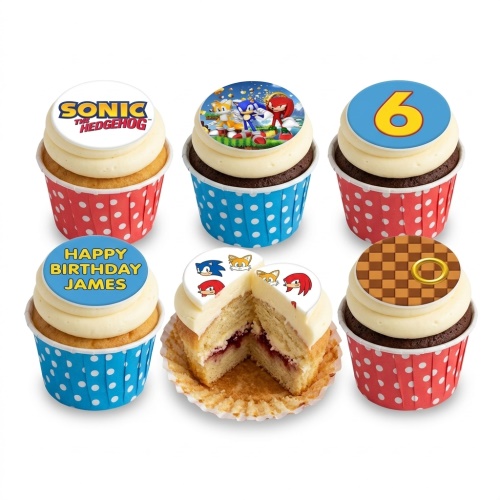 Sonic the Hedgehog themed cupcakes with character toppers, game elements, and custom age and name examples.