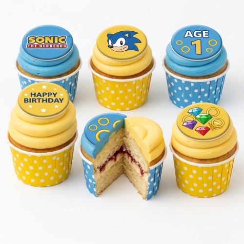 Sonic the Hedgehog themed birthday cupcakes with blue and yellow frosting, featuring Sonic, logo, rings, gems, and custom age topper.