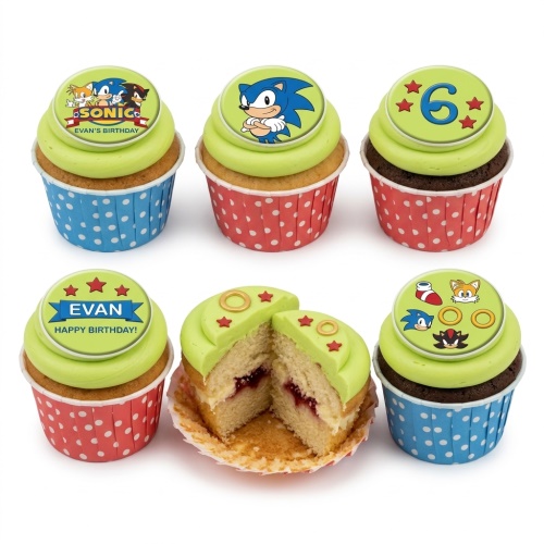Six Sonic the Hedgehog themed cupcakes with green frosting, character toppers, and polka dot cases.